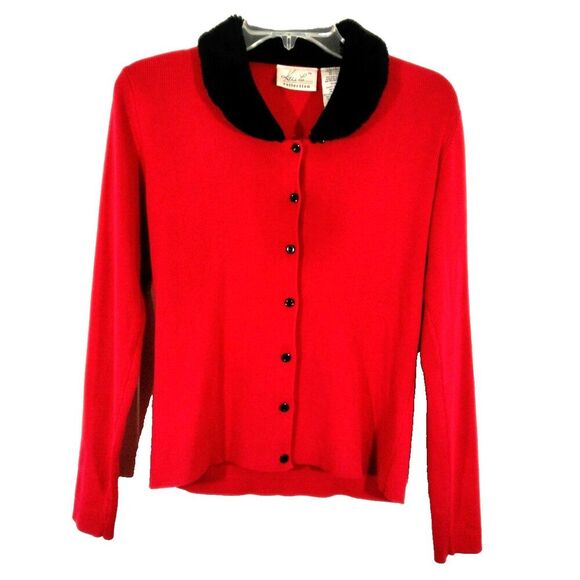 Kathie Lee Collection Vintage Cardigan Sweater S Red Black Faux Fur Button Front - Picture 1 of 6